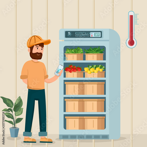 Farmer using smartphone to monitor temperature inside a smart cold storage refrigerator full of fresh vegetable and fruit crates. Smart agritech and food preservation vector illustration.