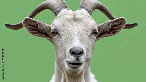 A close portrait of a white goat with large horns against a green background