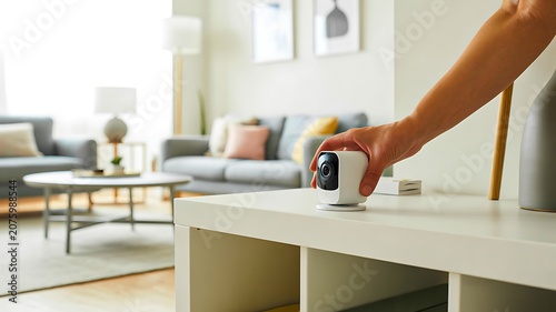 Smart home security camera placed on table inside modern living room