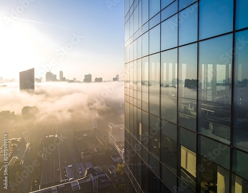 Modern cityscape with foggy morning skyline.