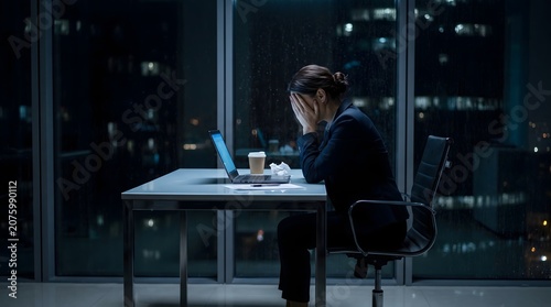 Tired worker facing psychological anxiety and panic disorder while analyzing documents on screen during night shift