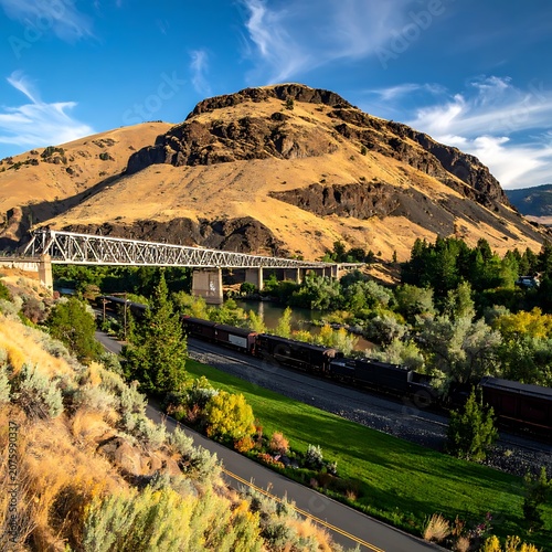 A scenic landscape with a bridge over a river and a train