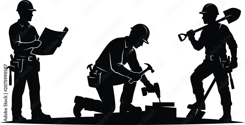 Obraz premium Construction workers silhouettes performing manual labor.