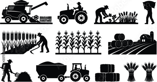 Obraz na płótnie Agriculture and farming icons collection in black, illustrating various activities and machinery related to farm work