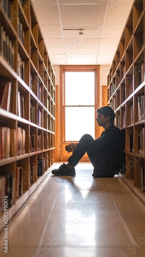 Person sitting between bookshelves in library.