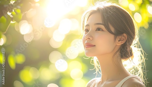 Serene young woman in sunny outdoors.