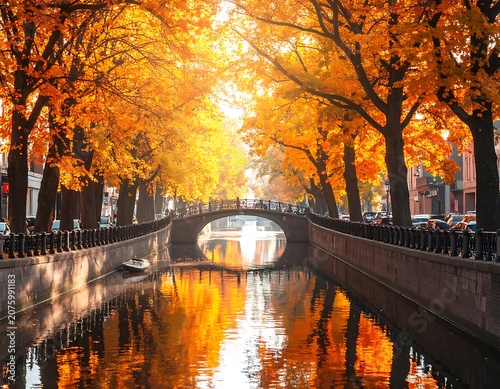 A serene autumn scene with golden light on a canal