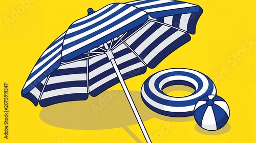 Minimalist summer beach illustration, blue and white striped umbrella with matching swim ring and ball on vibrant yellow background