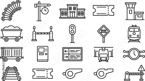 Obraz na plátně Railway station and train travel line icon set featuring tracks tickets cargo an