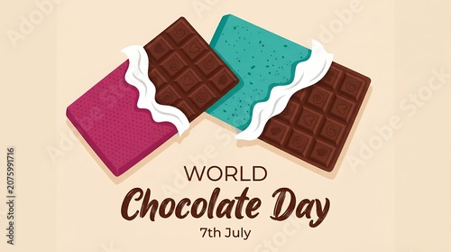 World Chocolate Day greeting card, retro chocolate bars in colorful foil wrappers, sweet dessert celebration banner
