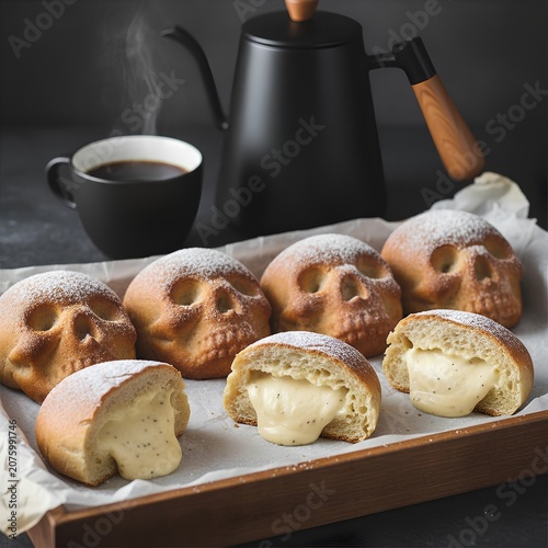 Skull-shaped bread rolls dusted with powdered sugar are arranged on a tray lined with parchment paper. In the foreground, two rolls are cut open, revealing a rich, oozing vanilla bean custard filling.
