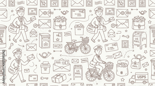 Schilderij op canvas Seamless pattern of mail carriers, mailboxes, envelopes, and postal services in a charming hand-drawn doodle style