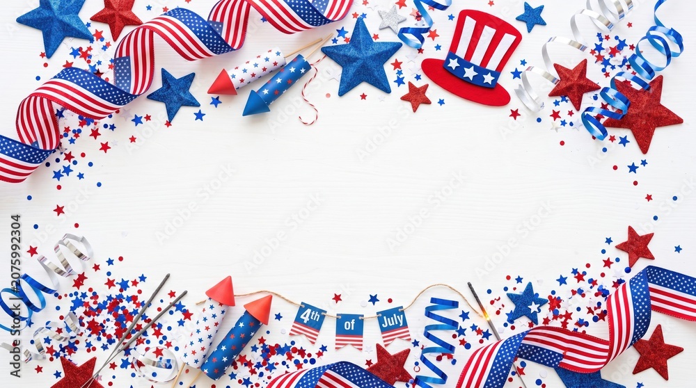 Obraz premium Happy Independence Day Greeting Template with Stars and Confetti on White