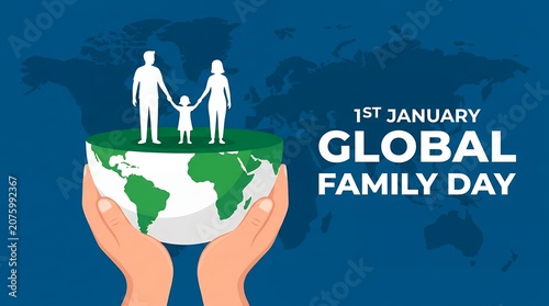 Global Family Day banner on January 1st, hands holding the planet earth with family silhouette, international unity and peace concept
