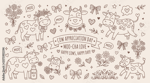 Photos Cute Cow Appreciation Day Doodle Collection with Flowers and Hearts