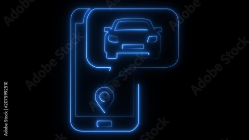 glowing neon Smartphone icon with a car in a speech bubble and location pin on black background. Perfect for ride-sharing apps, online taxi booking services, navigation and vehicle tracking systems