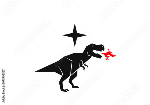 Stylized black dinosaur with fire and star against white background