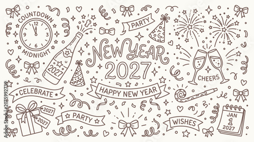 Photography New Year's Eve Celebration Doodle Elements with 2027 Calendar and Fireworks