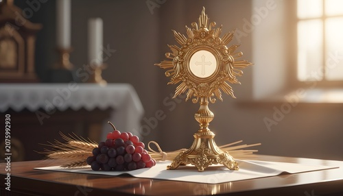 Ornate golden monstrance with host on altar with grapes and wheat for Corpus Christi catholic sacrament celebration concept, holy eucharist and divine worship liturgy