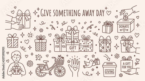Photos Give Something Away Day illustration with gifts, donations, and acts of kindness