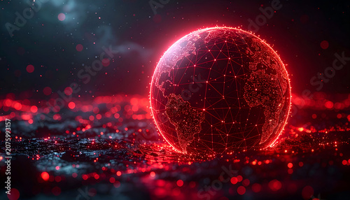 A digital rendering features a glowing, red Earth with interconnected lines, surrounded by a dark, textured field of scattered light
