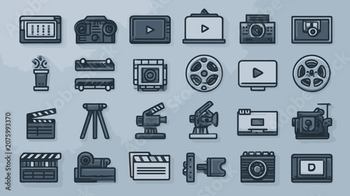 Blue cinematography and film production icon set.