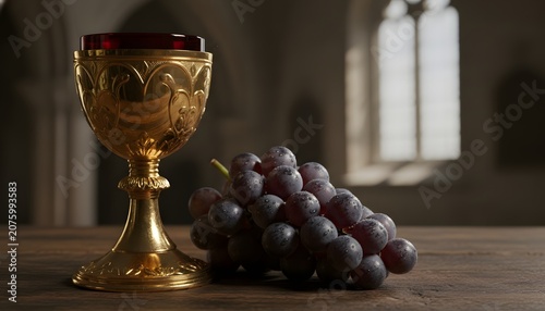 Macro shot of a golden chalice with wine and grapes on a rustic wooden table in a church setting, representing the holy communion and Corpus Christi concept
