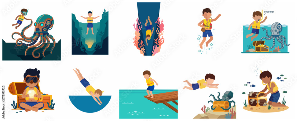 Fototapeta premium Set of Underwater Adventure Illustrations Featuring a Boy Snorkeling, Diving, and Finding Hidden Treasure