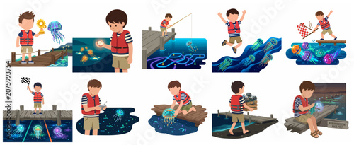 Foto Vector illustration set of a young boy participating in a bioluminescent jellyfi