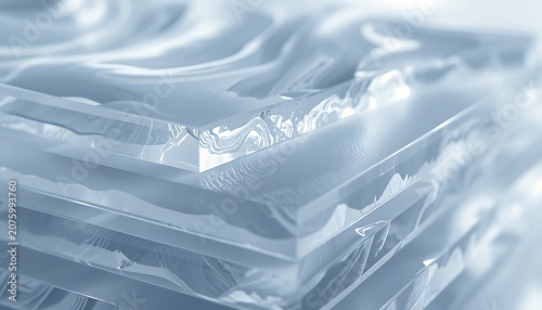 Ultra realistic macro view of stacked frosted acrylic sheets with intricate ice texture patterns in cool blue light
