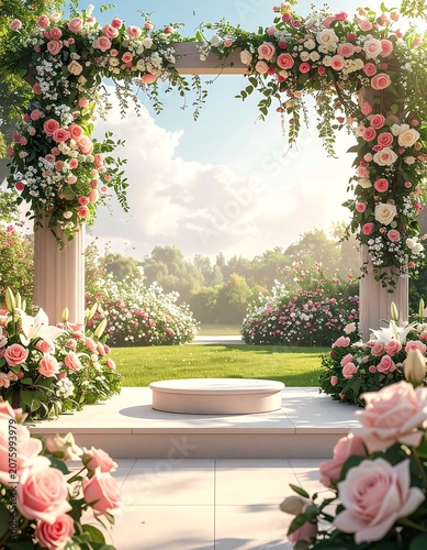 Serene garden pathway with blooming flowers and fountain.