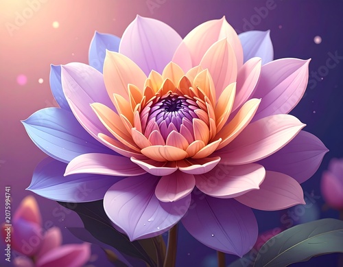 A vibrant, digitally rendered flower with purple and orange petals, set against a gradient purple background