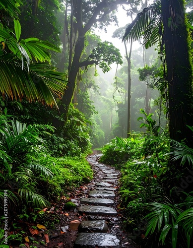 A serene forest path with lush greenery and natural light