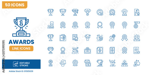 Bilde på lerret Award and trophy line icon set for business achievement success recognition and