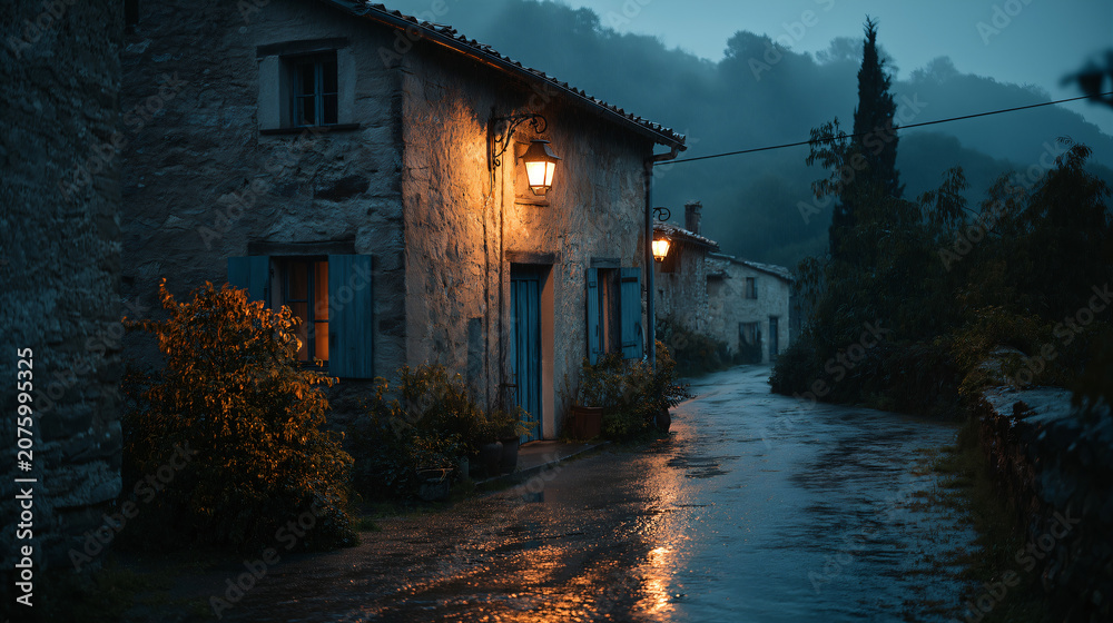 Naklejka premium Abandoned stone house on rainy village street at dusk with warm light glow