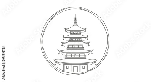 Pagoda Silhouette Inside Circle Line Art, Japanese Architecture Icon