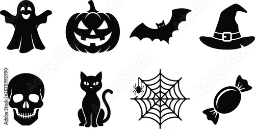 Fotografía Halloween icons set including ghost pumpkin bat witch hat skull cat spider web a