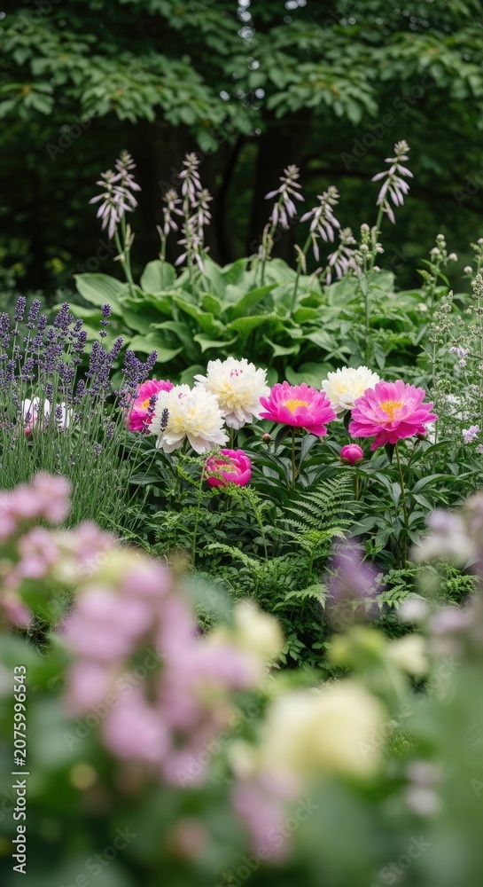 Obraz premium Beautiful garden scene featuring vibrant flowers and lush greenery in sunlight.