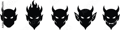Foto Five black silhouette devil head designs for mascot or halloween graphics