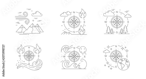 Compass icons illustrating nature elements and directional concepts