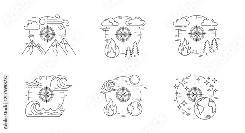 Compass icons illustrating nature elements and world concepts