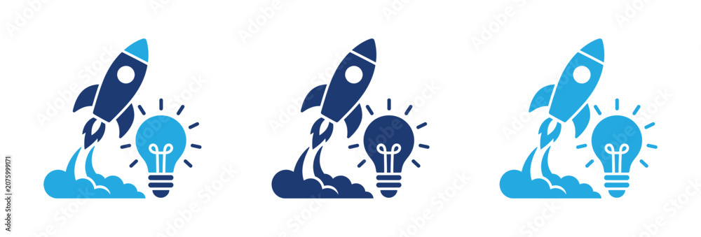 Fototapeta premium Business startup concept icons featuring rocket launch and glowing light bulb for creative innovation.