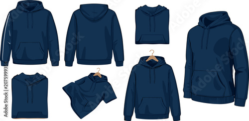 Navy blue hoodie vector mockup template collection featuring blank sweatshirt designs from front back side view folded layouts and wooden hanger presentations (23 words)