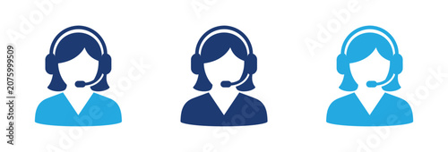 Customer service representative icons with headsets for call center support and online assistance.