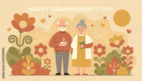 Cute senior grandparents couple celebrating Happy Grandparents Day inside a beautiful flower garden landscape.