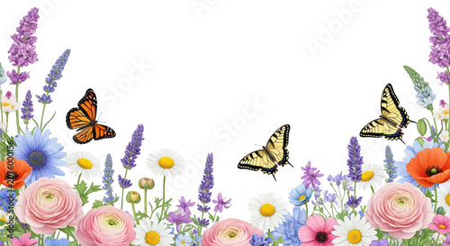A vibrant digital illustration of colorful spring flowers and three beautiful butterflies