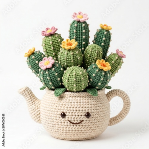 Handmade Crochet Cactus Arrangement Cream Teapot Shaped Planter.