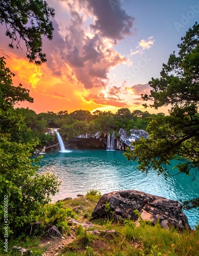 A serene landscape with a turquoise lake, waterfall, and trees at sunset