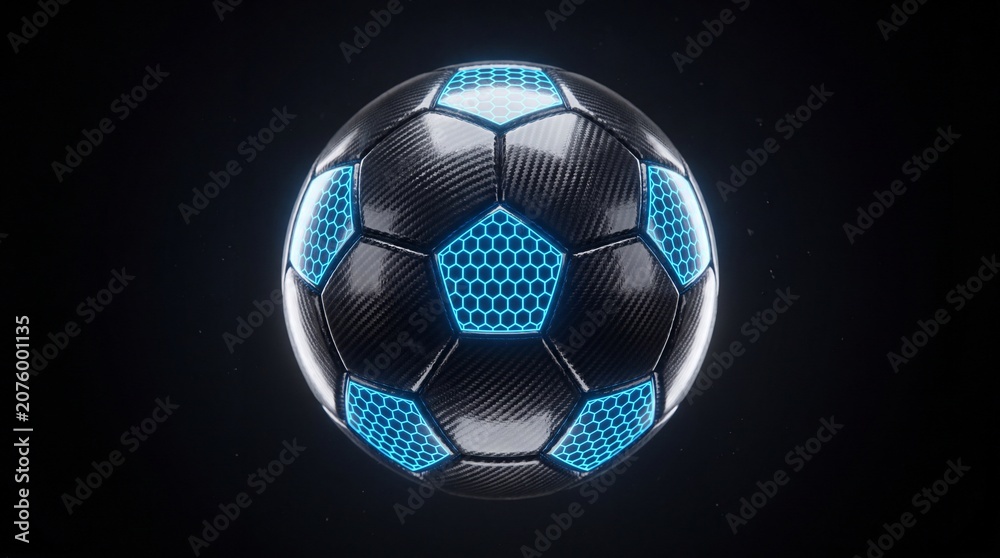 Naklejka premium Futuristic glowing blue soccer ball on black background