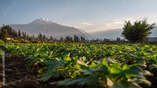 maca. A field of maca plants under a vast sky with the Andes mountains in the distance. travel magazines, destination branding, designed for travel destination branding, drives exploration.